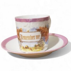 Vintage Remember Me Cup & Saucer Pink Friendship Porcelain Germany